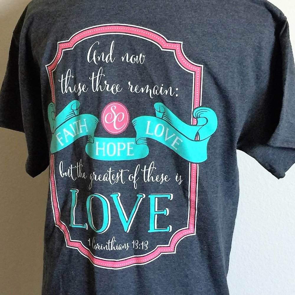 Women's Grey Faith Hope and Love T-shirt in Pink and Teal